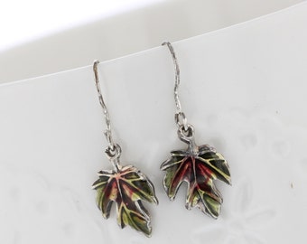 Fall Maple leaf earrings. Sterling silver dangles, drops. Hand painted green, hand crafted. Nature inspired, Thin, lightweight, Fall