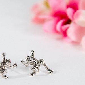May include: Two silver frog earrings with a textured finish. The earrings are on a white background.