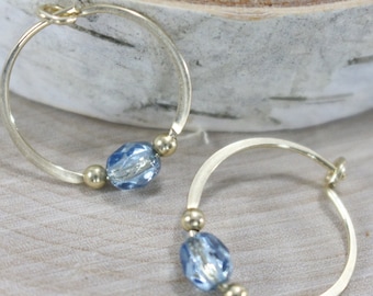 Gold filled hoop earrings light blue faceted glass bead classic 5/8" endless round handmade