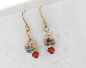 14KT Gold Filled Vintage Glass Bead Dangle with Red Crystal Dangle Earrings, Vintage Glass, Glass Bead Earrings, Ivory Bead, Floral, flower