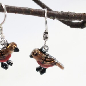 Robin red breast bird dangle drop earrings. Hand painted, hand crafted sterling silver ear wire. Nature, garden inspired design. image 2