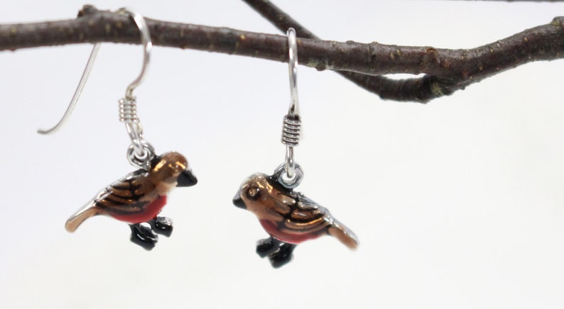 Robin red breast bird dangle drop earrings. Hand painted, hand crafted sterling silver ear wire. Nature, garden inspired design. image 2