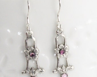 Victorian inspired small, petite drop earrings. Sterling silver, purple crystal accents. Sterling ear wires.