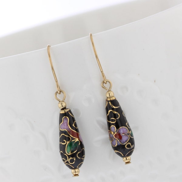 Gold filled  Hand Painted Black Cloisonné Enameled Drop Bead Dangle Earring, Cloisonné,  Black Bead, Flowers, Darling, Vintage Inspired
