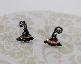 Witch black hat post Halloween earrings. Hand painted tiny sterling silver studs.  Spooky wicked jewerly.