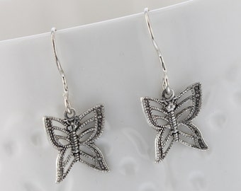 Handcrafted butterfly dangle earrings. Filagree, Sterling Silver, Butterfly, Silver, Nature inspired