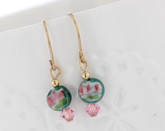 14KT Gold Filled Vintage Glass Bead Dangle with Pink Crystal Dangle Earrings, Vintage Glass, Glass Bead Earrings, Green Bead, Floral, flower