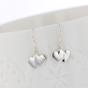 Double Heart stamped sterling silver earrings. Dangle, drop earrings, Sterling ear wires, Heart Earrings, Love, Dangles, Heart