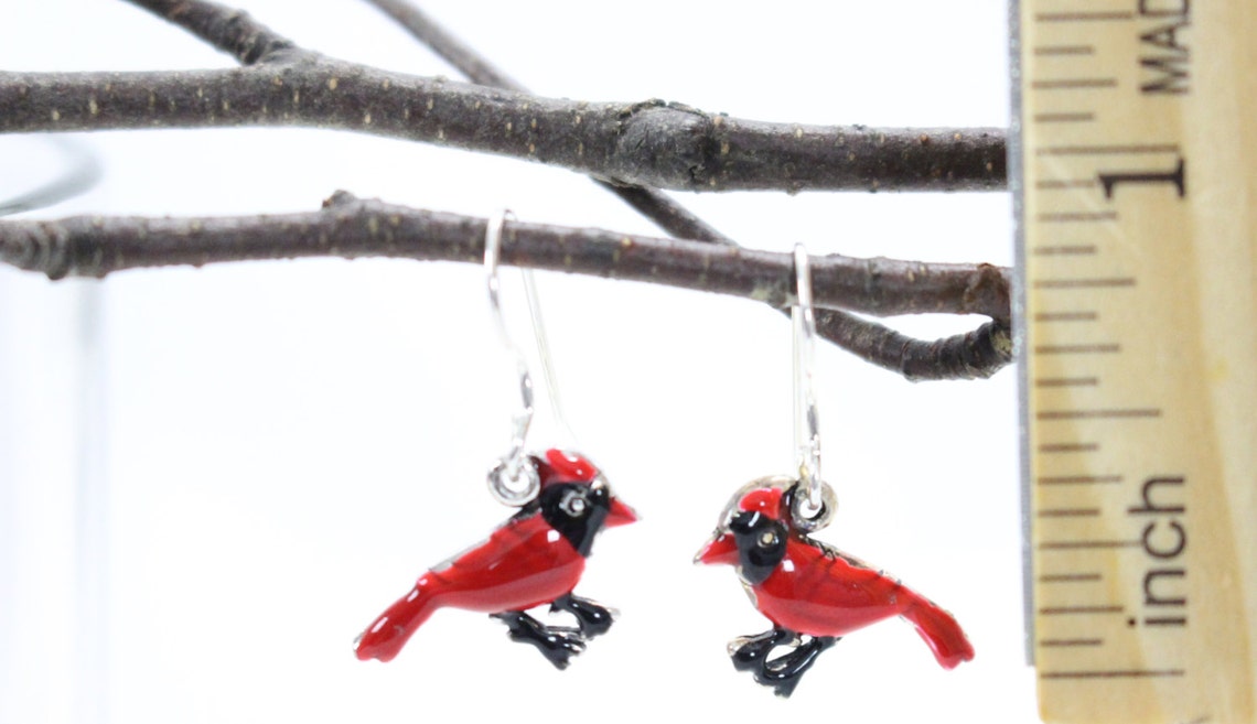 Red Cardinal Bird Earrings. Hand Enameled Red and Black Over Etsy