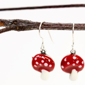 Mushroom earrings sterling silver. Hand Enameled garden gnomes toad stool red white