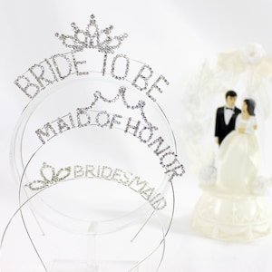 Wedding Party Crystal Silver Headband Tiaras. Bride to Be, Maid of Honor, Bridesmaid. Bachelorette Party Favors