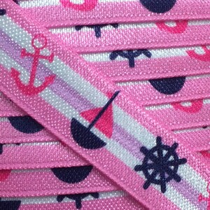 Printed Fold Over Elastic, Printed Elastic for Headbands, 5/8&quot; Pink with Sailboats FOE Elastic By the single yard, 5 or 10 yards