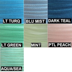 May include: A color chart showing different shades of blue, green, and peach. The colors are labeled "LT TURQ", "BLU MIST", "DARK TEAL", "LT GREEN", "MINT", "PTL PEACH", and "AQUA/SEA".