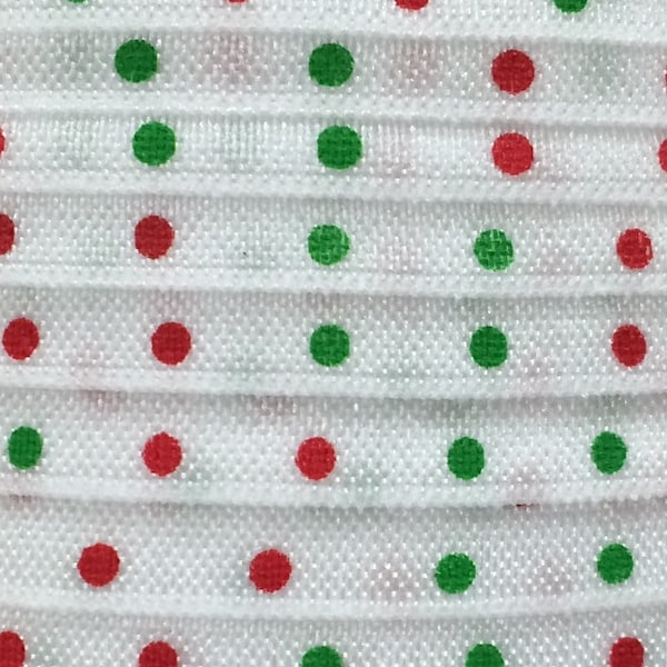 Printed Fold Over Elastic, Polka Dot Elastic for Headbands, Hairties, 5/8" White w/ Green and Red dots FOE By the Yard, 5 Yards or 10 Yards