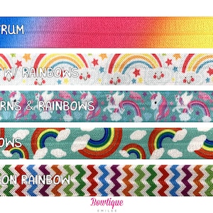 Rainbow Fold Over Elastic, Elastic for Baby Headbands FOE Hair Ties, 5/8&quot; Rainbow Foldover elastic by 1 yard, 5 or 10 yards - 5 Styles