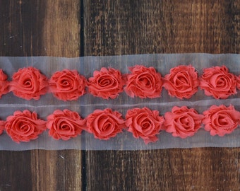 1.5 inch Mini Shabby Chiffon Trim Wholesale, Mini Flowers for Shabby Chiffon Flower Headbands, By the yard, 1/2 yard or 2 flowers, Coral