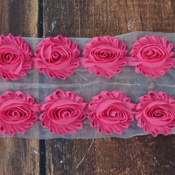 2.5" Shabby Chiffon Flower Trim by the Yard, Flowers for Shabby Chiffon Flower Headbands, By the yard, 1/2 yard or 2 flowers, Hot Pink