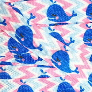 Whales Fold Over Elastic, Printed Elastic for Baby Headbands FOE Hair Ties, 5/8&quot; Whale Elastic by the single yard, 5 or 10 yards