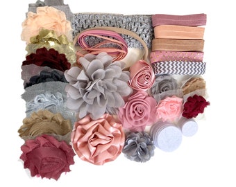 Baby Shower Headband Kit "Mini Mauve, Peach and Grey", Baby Shower Headband Station, DIY Headband kit, Baby Girl Headband, Baby Headband Kit