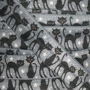 Printed Fold Over Elastic, Halloween Elastic for Headbands, 5/8&quot; Black Cats Headband Elastic by the single yard, 5 or 10 yards