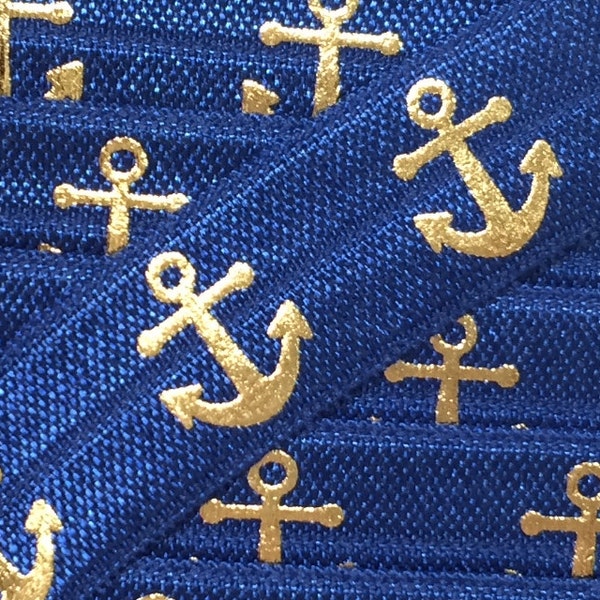 Fold Over elastic by 1 yard, Printed Elastic for Headbands and Hairties, 5/8" Navy with Gold Anchor FOE By the yard, 5 yards or 10 yards