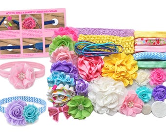 May include: A DIY headband making kit featuring various fabric flowers, elastic bands, ribbons, and felt circles. Includes a pink instructional card titled HOW TO MAKE A SHABBY FLOWER HEADBAND with six step-by-step photo illustrations.