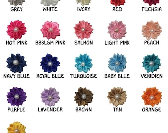 May include: Assortment of 18 satin flower hair clips in various colors, including grey, white, ivory, red, fuchsia, hot pink, pink, salmon, light pink, peach, navy blue, royal blue, turquoise, baby blue, veridien, purple, lavender, brown, tan, orange, and yellow.