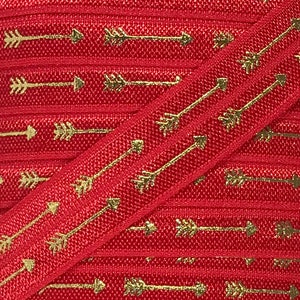 5/8&quot; Printed Elastic Red with Gold Arrows, Fold Over Elastic for Headbands or Hairties, Fold Over Elastic by the single yard, 5 or 10 yards