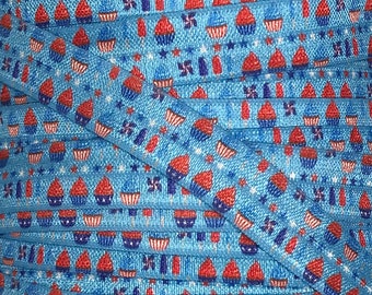 Fold Over Elastic by the single yard, Printed Elastic for Headbands and Hairties, 5/8" Patriotic Treats FOE By the yard, 5 yards or 10 yards
