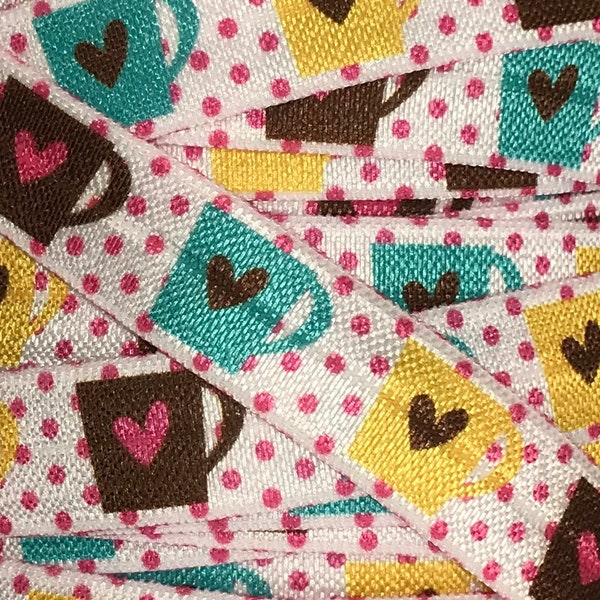 Coffee Fold Over Elastic, Elastic for Baby Headbands FOE Hair Ties, 5/8" Coffe Cups with Hearts Foldover elastic by 1 yard, 5 or 10 yards