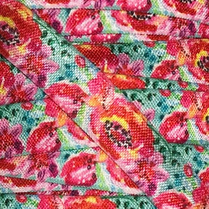 5/8 inch Elastic, Floral Elastic for Headbands and Hair Ties, 5/8" Aqua w/ Hot Pink Peonies Elastic by the single yard, 5 or 10 yards