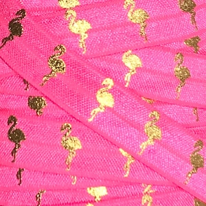 Printed FOE Elastic, Printed Elastic for Headbands, 5/8&quot; Pink with Gold Foil Flamingos FOE by the single yard, 5 yards or 10 yards
