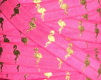 Printed FOE Elastic, Printed Elastic for Headbands, 5/8" Pink with Gold Foil Flamingos FOE by the single yard, 5 yards or 10 yards