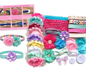 May include: A DIY headband kit featuring various fabric flowers, elastic bands, ribbons, and felt circles. Includes a printed instruction card titled HOW TO MAKE A SHABBY FLOWER HEADBAND, showing steps for assembly with glue, scissors, and fabric materials.