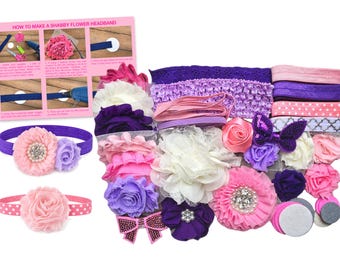 May include: A DIY headband kit featuring various fabric flowers in shades of pink, purple, and white, elastic bands, felt circles, and a butterfly applique. Includes an instructional card titled HOW TO MAKE A SHABBY FLOWER HEADBAND with step-by-step photos.