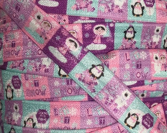 Elástico plegable de 1 yarda, elástico impreso para diademas y coleteros, pingüinos de 5/8" (Let it Snow) FOE cortado a medida, 5 yardas o 10 yardas