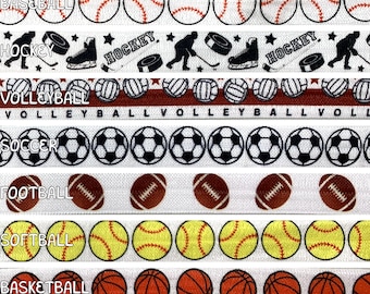 Sports Fold Over Elastic, Hockey Softball Football Basketball 5/8" Sport Prints Foldover Elastic sold By the Yard, 5 or 10 yards - 7 Styles