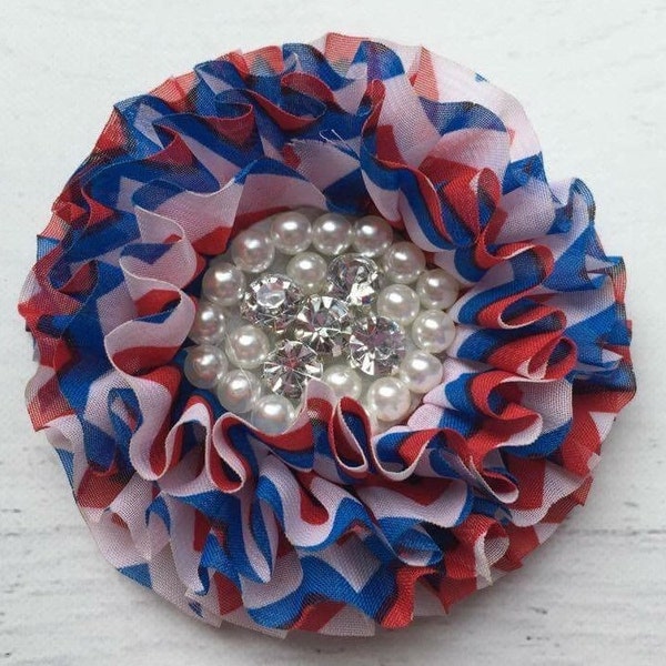 3" Chiffon Rhinestone Hair Flowers, Wholesale 4th of July Chiffon Flower Head for Flower Head Bands, Lot of 1, 2, 5 or 10, Red, White & Blue