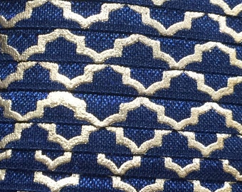Fold Over Elastic 5/8", Silver Foil Elastic for Baby Headbands, 5/8" Navy w/ Silver Foil Quatrefoil FOE By the yard, 5 yards or 10 yards