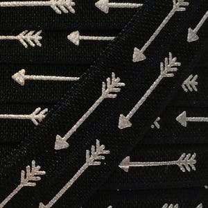 5/8&quot; Printed Elastic Black with Silver Arrows, Fold Over Elastic for Headbands or Hairties, Fold Over Elastic By single yard, 5 or 10 yards