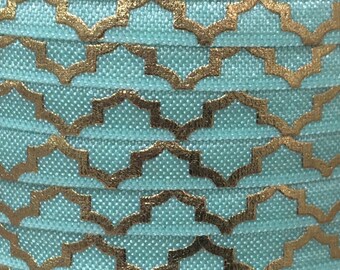 Printed Fold Over Elastic, Foil Quatrefoil Elastic for Headbands, 5/8" Aqua with Gold Foil Quatrefoil FOE By the single Yard, 5 or 10 yards