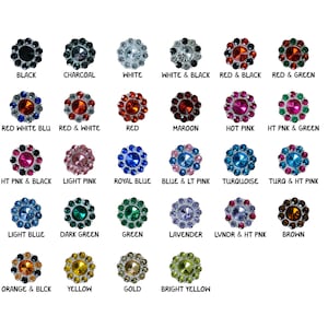May include: A chart showing 18 different colors of rhinestones. The colors include black, charcoal, white, white and black, red and black, red and green, red white blue, red and white, red, maroon, hot pink, hot pink and green, hot pink and black, light pink, royal blue, blue and light pink, turquoise, turquoise and hot pink, light blue, dark green, green, lavender, lavender and hot pink, brown, orange and black, yellow, gold, and bright yellow.