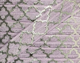5/8" Foldover Elastic, Silver Foil Elastic for Headbands, 5/8" Lavender w/ Silver Foil Quatrefoil FOE By the yard, 5 yards or 10 yards