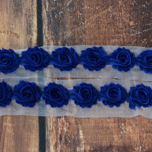 1.5" Mini Shabby Chiffon Flowers Wholesale, Flowers for Shabby Chiffon Flower Headbands, By the yard, 1/2 yard or 2 flowers, Royal Blue