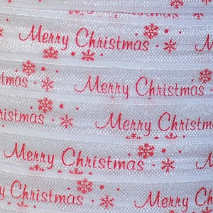 5/8&quot; Elastic, Printed Elastic for Headbands and Hairties, 5/8&quot; White with Merry Christmas Foldover Elastic by the single yard, 5 or 10 yards
