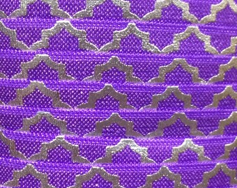 Foldover Elastic 5/8", Silver Foil Elastic for Baby Headbands, 5/8" Purple w/ Silver Foil Quatrefoil FOE By the yard, 5 yards or 10 yards