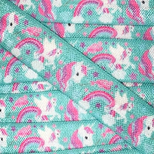 Printed Fold Over Elastic by the single yard, Elastic for Headbands and Hair Ties, 5/8&quot; Unicorns and Rainbows FOE By the yard, 5 or 10 yards