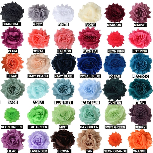 Shabby Flowers 2.5 inches Shabby Rose Trim Wholesale, Shabby Chiffon Flower Headbands, By the yard, 1/2 yard or 2 flowers, Over 50 Colors