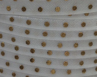 5/8" Headband Elastic, Gold Foil Polka Dots Fold Over Elastic for Headbands, White with Gold Foil Dots FOE 1 Yard or 5 Yards