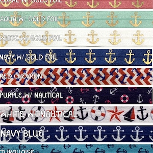 Anchors Fold Over Elastic, Elastic for Baby Headbands FOE Hair Ties, 5/8&quot; Foldover Elastic by the single yard, 5 or 10 yards - 9 Styles